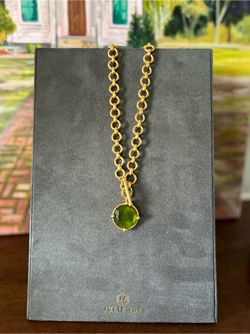 Julie Vos Gold-Tone Chain Necklace with Olive Green Pendant